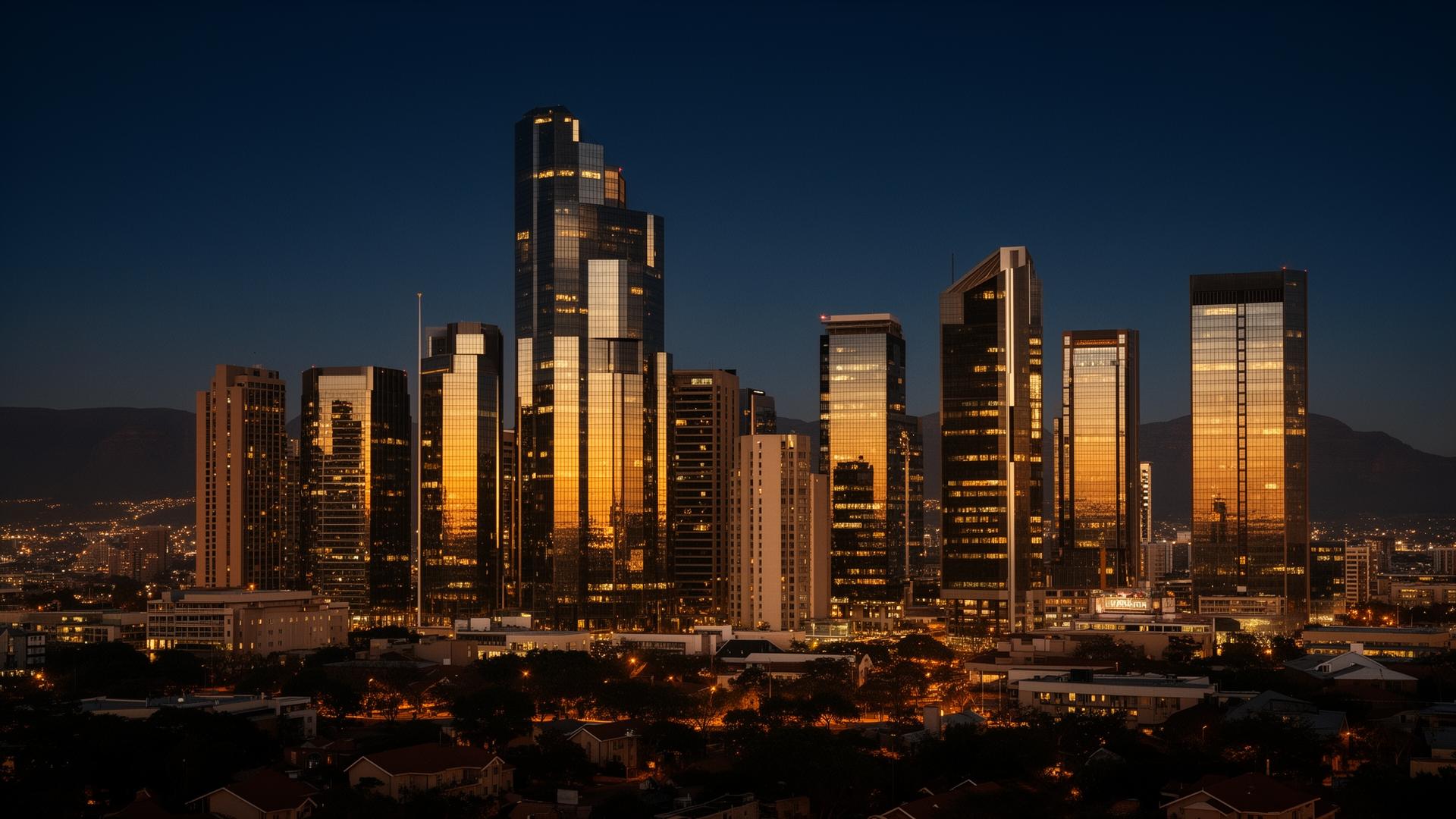 Sandton financial district skyline at dusk